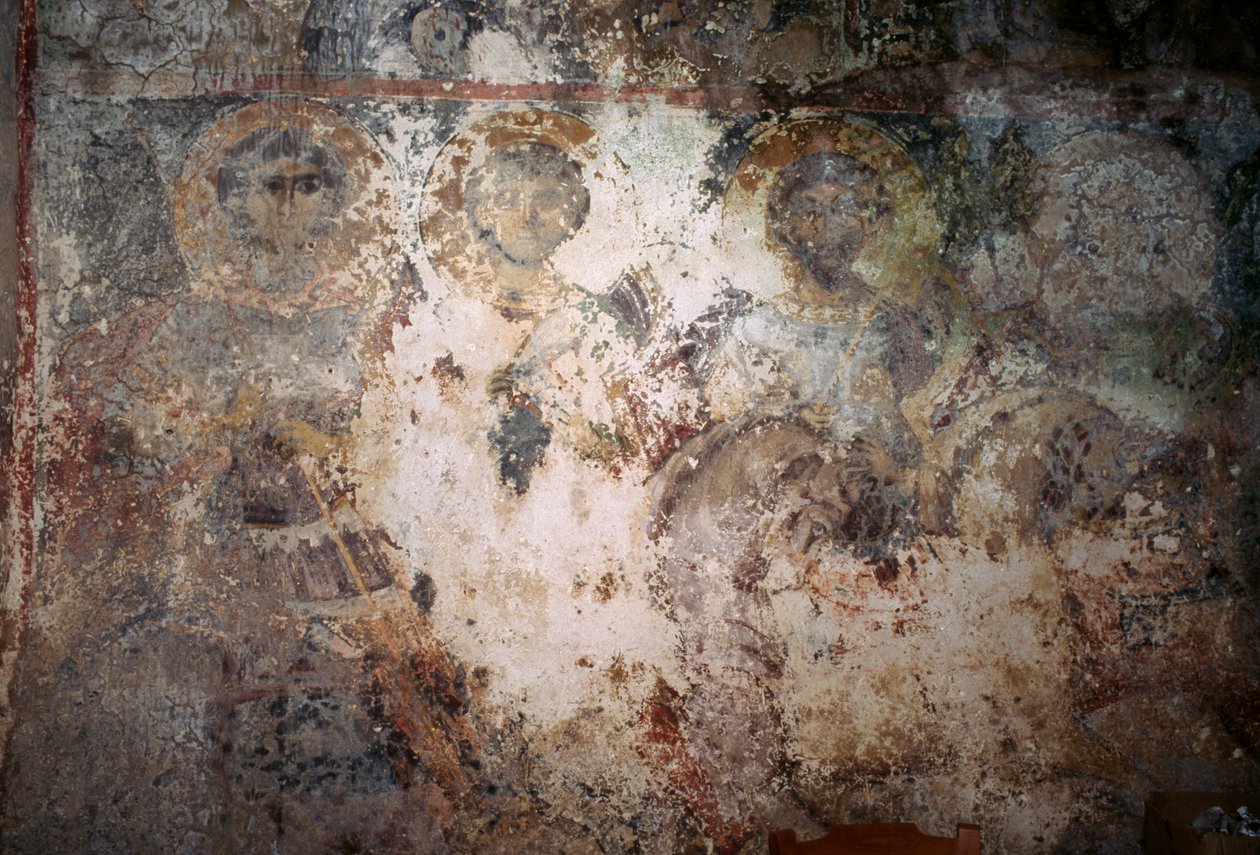 Skadad fresk med helgon, kyrkan Metamorphosis Sotiros, Voutas, Kreta, Grekland (foto) av Unbekannt Unbekannt