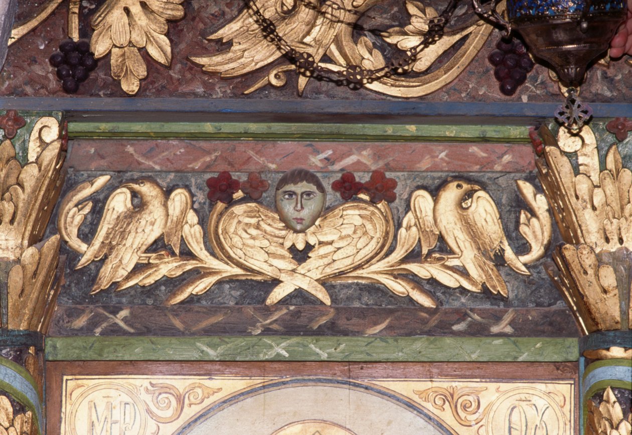 Dekoration, detalj av ikonostas i den bysantinska kyrkan St George, Anidri, Kreta, Grekland (foto) av Unbekannt Unbekannt