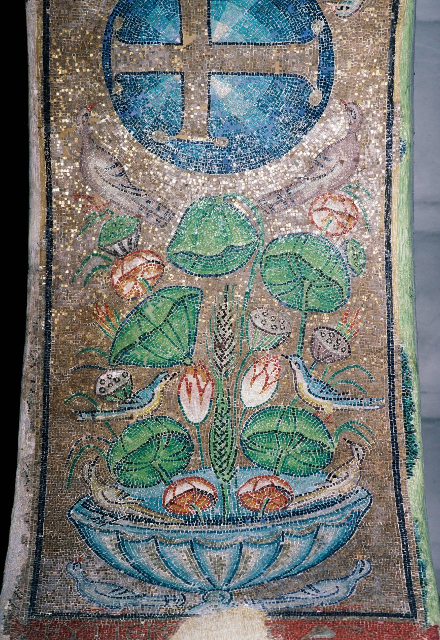 Blommor och fåglar, mosaik i den tidiga kristna kyrkan Panagia Ahiropiitos eller Panagia Acheiropoietos, även kallad Achiropita (som inte är skapad av mänsklig hand), Thessaloniki, Centrala Makedonien, Grekland, 500-talet (foto) av Unbekannt Unbekannt