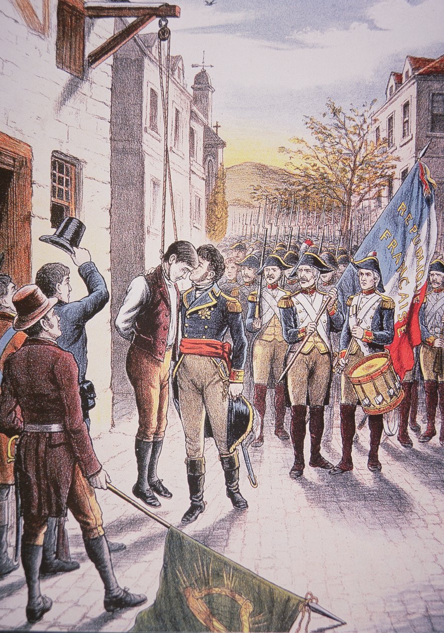 Den franske generalen Jean Sarrazin kysser den hängde irländska rebellen Patrick Walsh (färg litho) av Unbekannt Unbekannt
