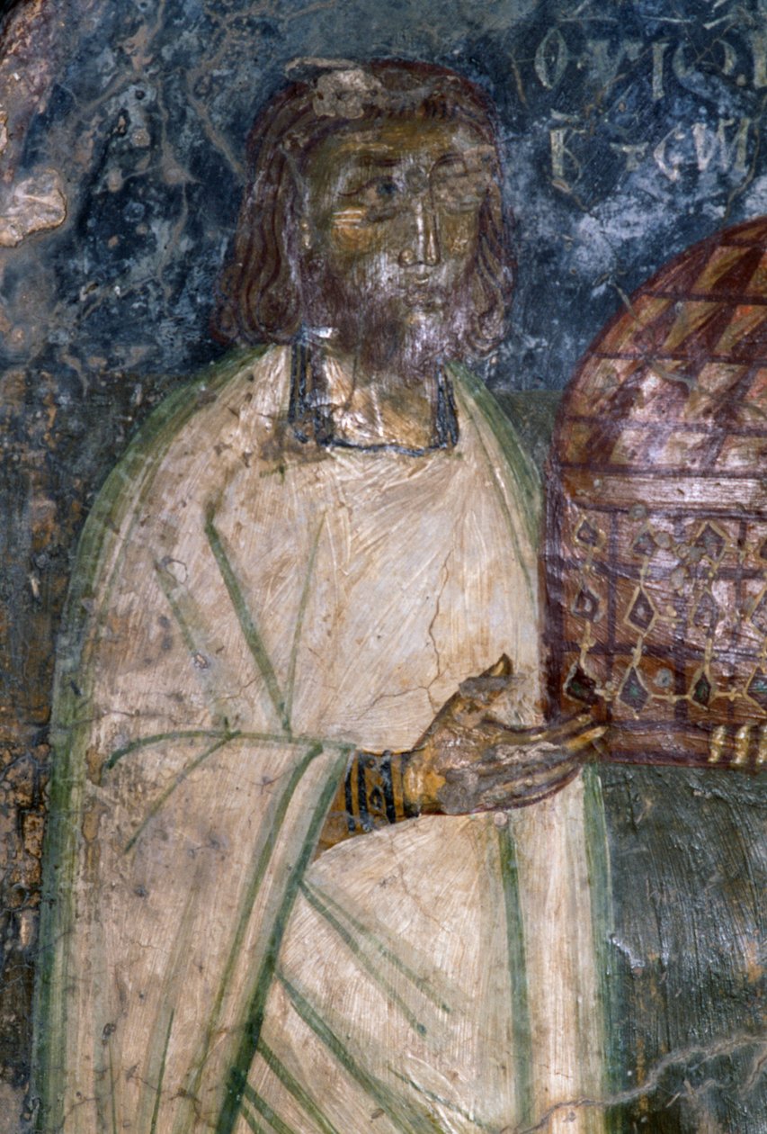 Freskköpare av kyrkan Agia Anna, håller modell av kyrkan, fresk från 1642, Anisaraki, Kreta, Grekland av Unbekannt Unbekannt