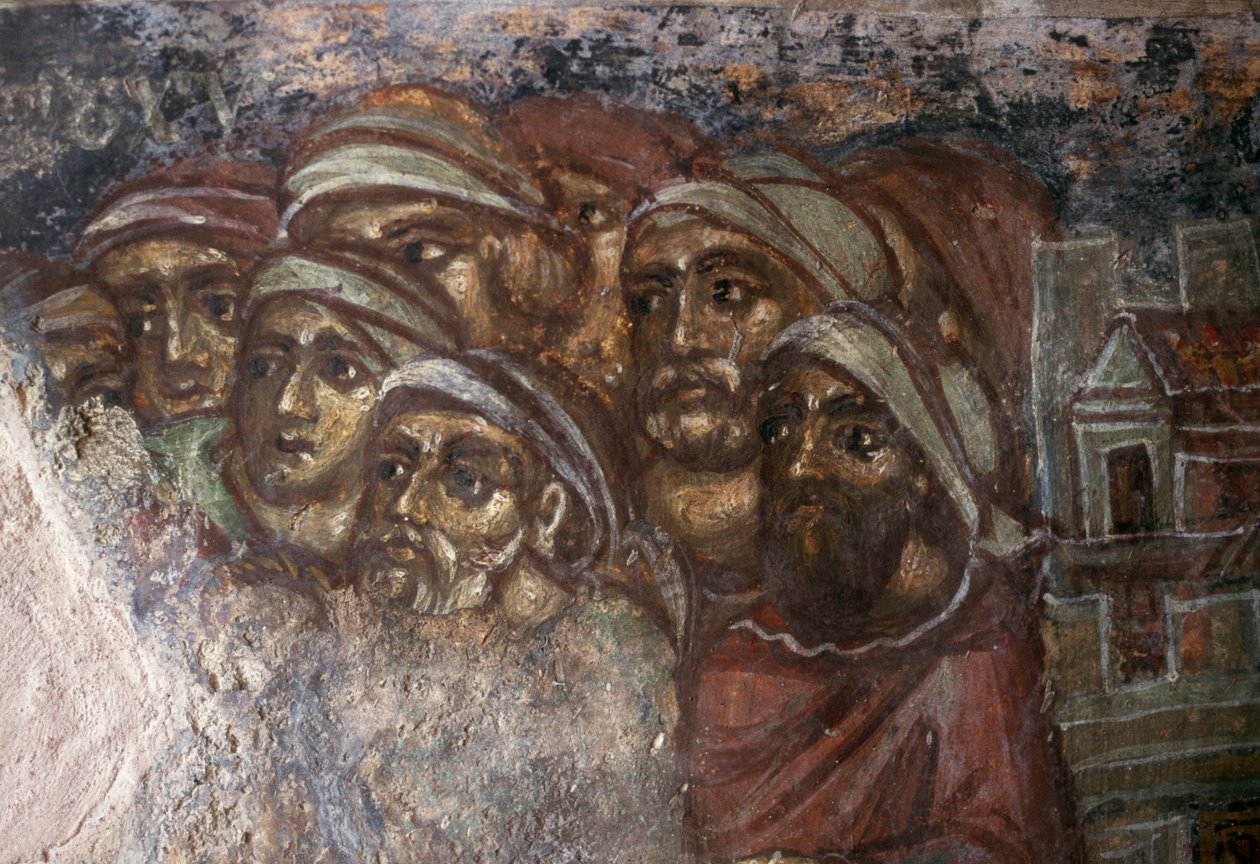Fresk med grupp män, bysantinska kyrkan Ayios Stephanos, Drakona, Kreta, Grekland (foto) av Unbekannt Unbekannt