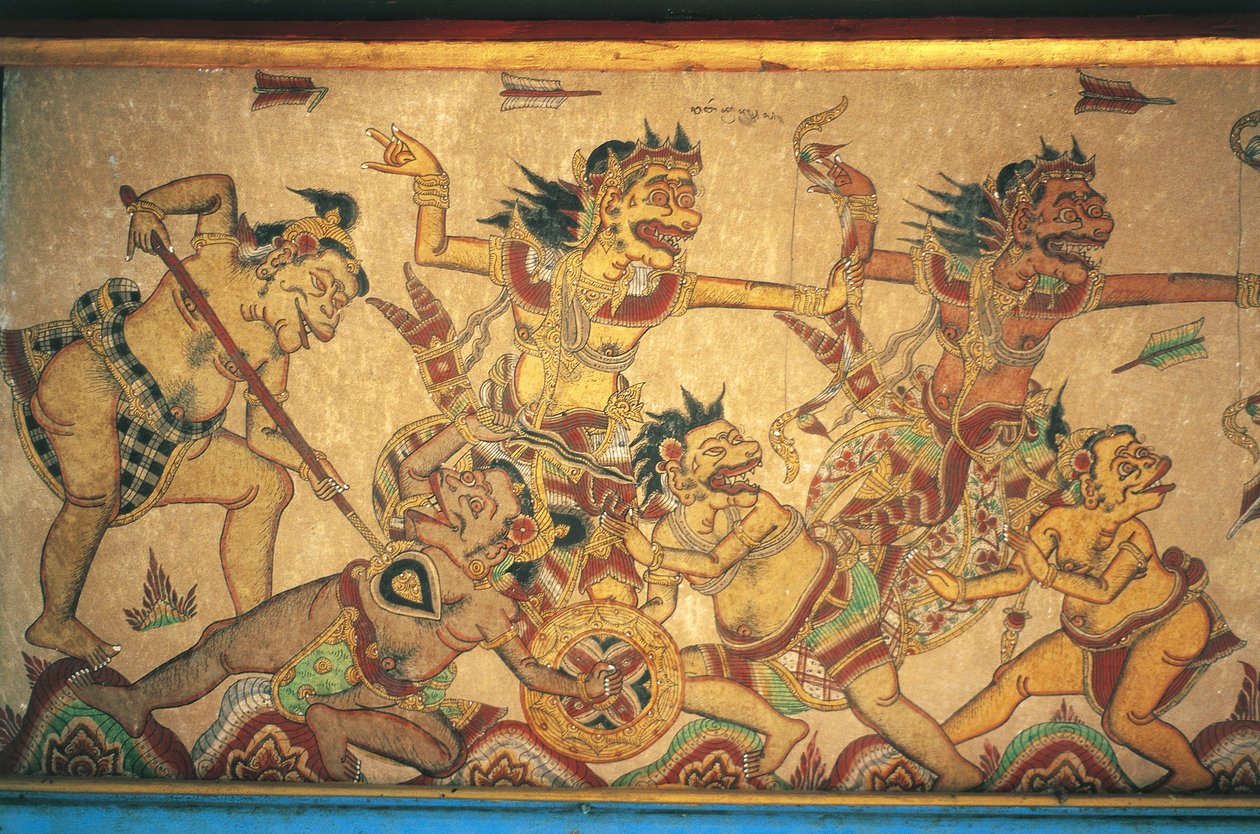 Fresker som visar scener av strider mellan gudar och demoner, Kertha Gosa paviljong, Klungkung Palace (Puri Agung Semarapura), Semarapura, Bali, Indonesien av Unbekannt Unbekannt
