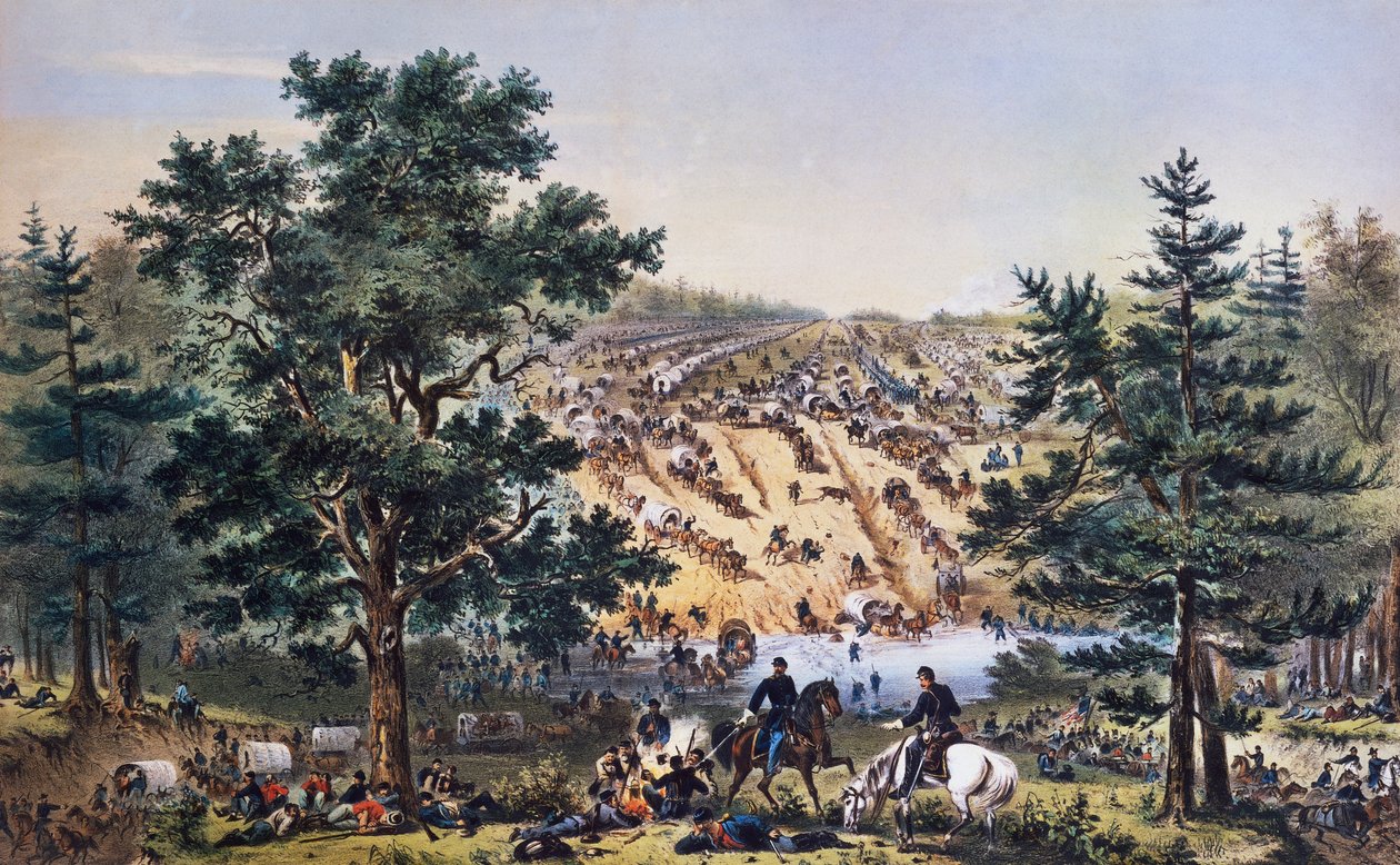 George Brinton McClellans reträtt, Bear Creek ford, Army of the Potomac, juli 1862, teckning av John Badger Bachelder, gravyr av Bufford, Amerikanska inbördeskriget, USA av Unbekannt Unbekannt