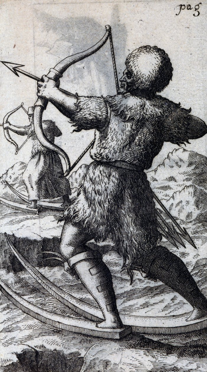 Jägare med pil och båge på korta skidor, illustration från De Calceo Antiquo, av B Balduinus av Unbekannt Unbekannt