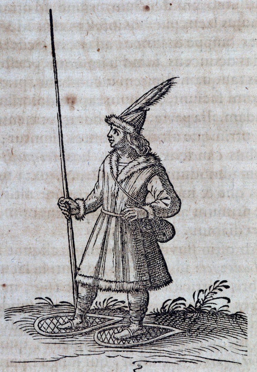 Invånare i Kanada (Frankrike Canadienne) med snöskor, illustration från Description de la Nouvelle France av Unbekannt Unbekannt