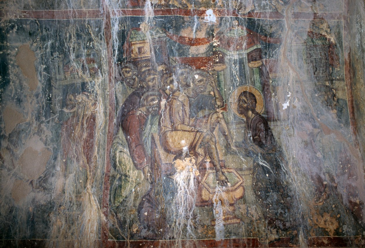 Jesus och fottvätt, fresk i den bysantinska kyrkan Agios Athanasios, Kefali, Kreta, Grekland (foto) av Unbekannt Unbekannt