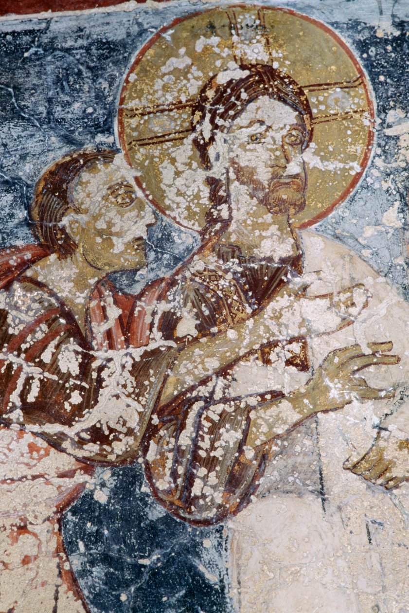 Jesus, fresk i den bysantinska kyrkan Agios Georgios, Vathi, Kreta, Grekland (foto) av Unbekannt Unbekannt