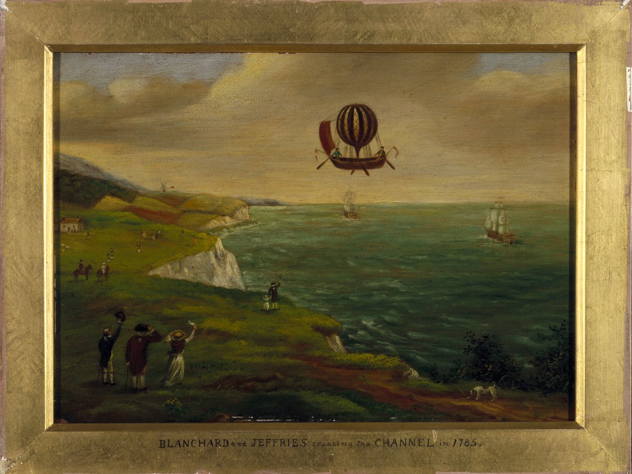 Uppfinnaren Jean Pierre (Jean-Pierre) Blanchard (1753-1809) och den amerikanske vetenskapsmannen John Jeffries (Jefferies eller Gefferies) (1744-1819) korsar Engelska kanalen i en flygmaskin som liknar en båt utrustad med en luftballong 7/01 /1785 av Unbekannt Unbekannt