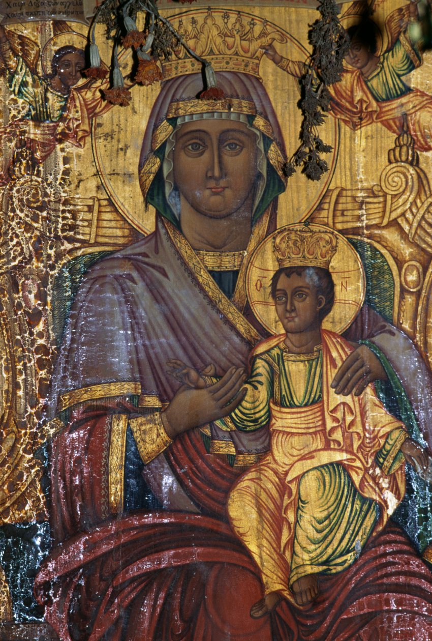 Madonna och barn, förgylld målning, den bysantinska kyrkan Agios Georgios, Vathi, Kreta, Grekland (foto) av Unbekannt Unbekannt