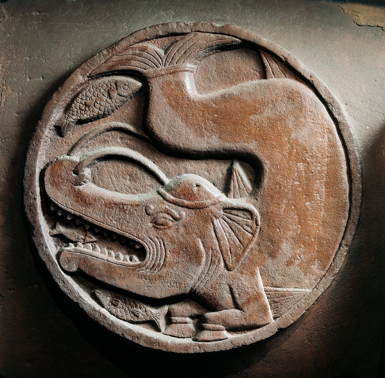 Medaljong med marint djur från huvudet av elefantslukande fisk, relief från Stupa av Bharhut, buddhistiskt monument, Madhya Pradesh, Indien, indiska civilisationen, 2:a århundradet f.Kr. av Unbekannt Unbekannt