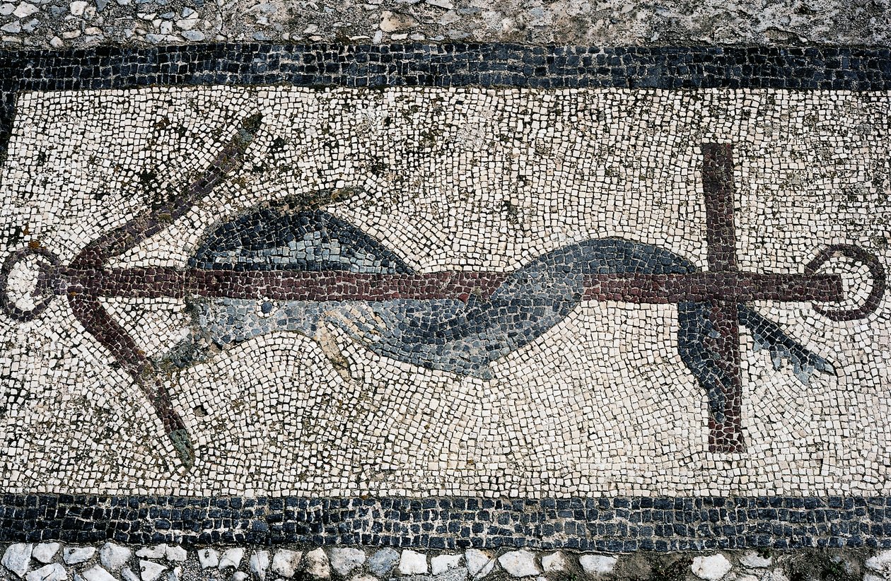 Mosaik som visar delfin och ankare, ön Delos (UNESCO:s världsarvslista av Unbekannt Unbekannt