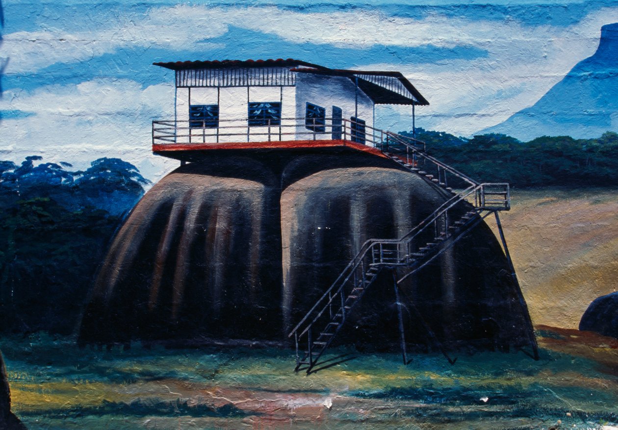 Väggmålning som visar hus av skogsstammar rekonstruerat i etnologiskt museum Amazonas Monsignor Enzo Ceccarelli, Puerto Ayacucho, delstaten Amazonas, Venezuela av Unbekannt Unbekannt