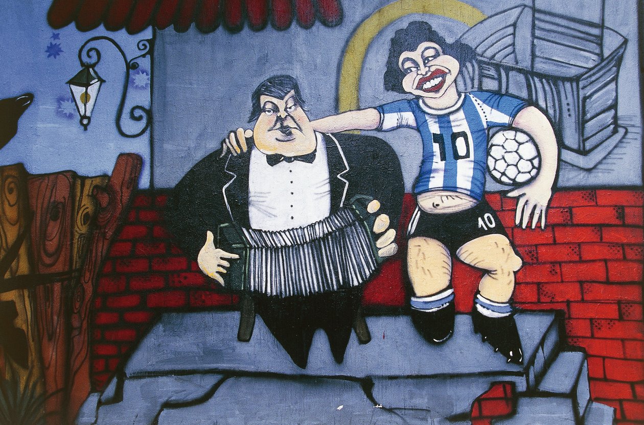 Musikern Anibal Troilo och fotbollsspelaren Diego Maradona, väggmålning på väggen i Caminito-gränden, La Boca, Buenos Aires, Argentina av Unbekannt Unbekannt
