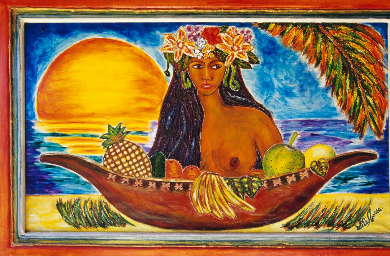 Målat glas som visar polynesisk kvinna, ön Moorea, Society Islands, Franska Polynesien (franska republikens utomeuropeiska territorium), detalj av Unbekannt Unbekannt
