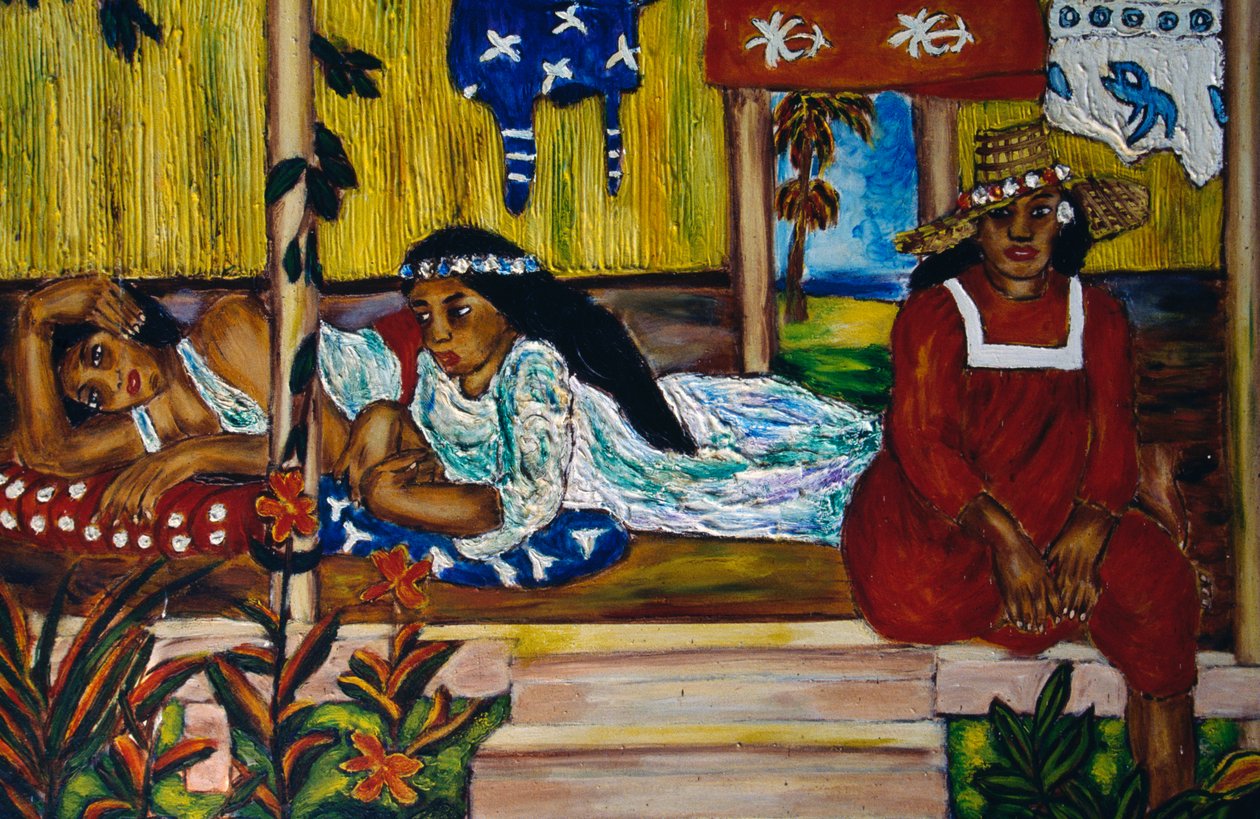 Polynesiska kvinnor, målat glasfönster, Moorea Island, Society Islands, Franska Polynesien, Franska republikens utomeuropeiska territorium av Unbekannt Unbekannt