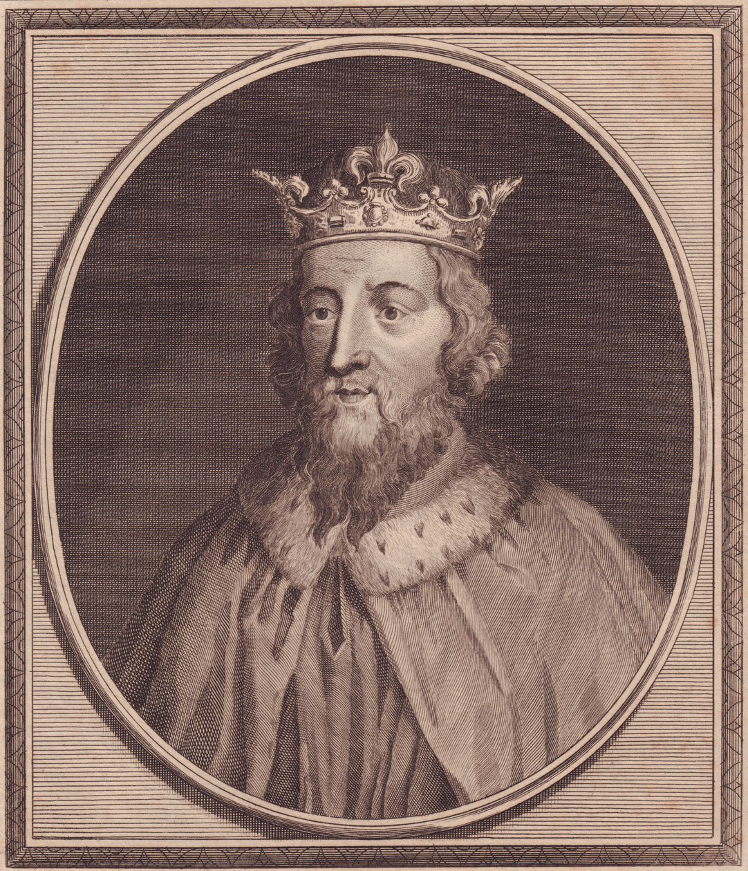 Porträtt av Alfred Great (849-889), kung av Wessex, Storbritannien, kopparstick av John Goldar (1729-1795) av Unbekannt Unbekannt