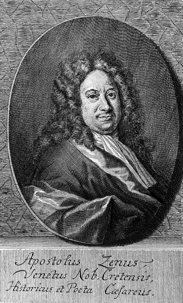 Porträtt av Apostolo Zeno (cirka 1668-1750), italiensk poet, librettist, journalist och bokstäver, gravyr av Unbekannt Unbekannt