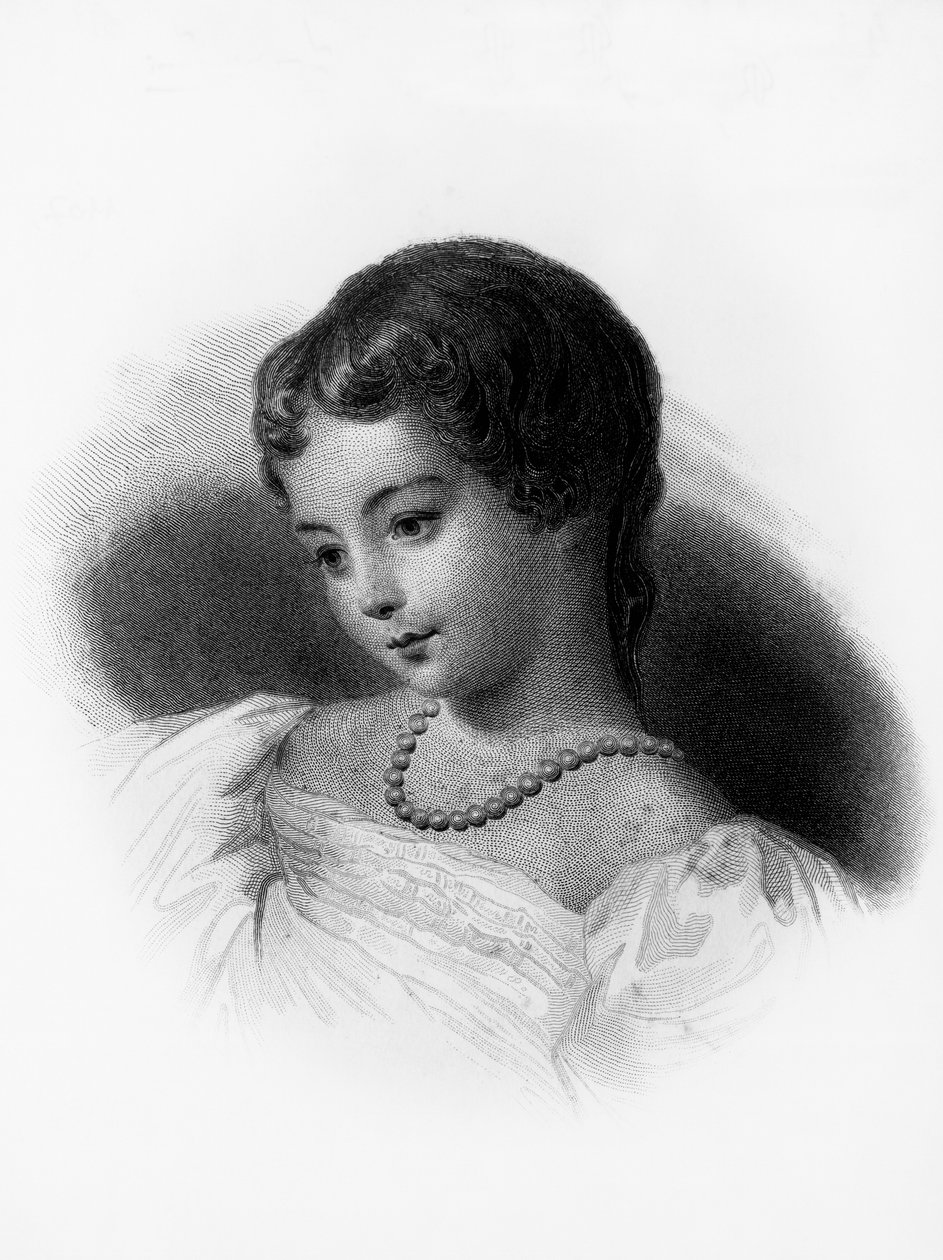 Porträtt av Augusta Ada Byron, grevinnan av Lovelace (1815-1852), engelsk matematiker och författare, hon betraktas som första datorprogrammerare, gravyr av Unbekannt Unbekannt