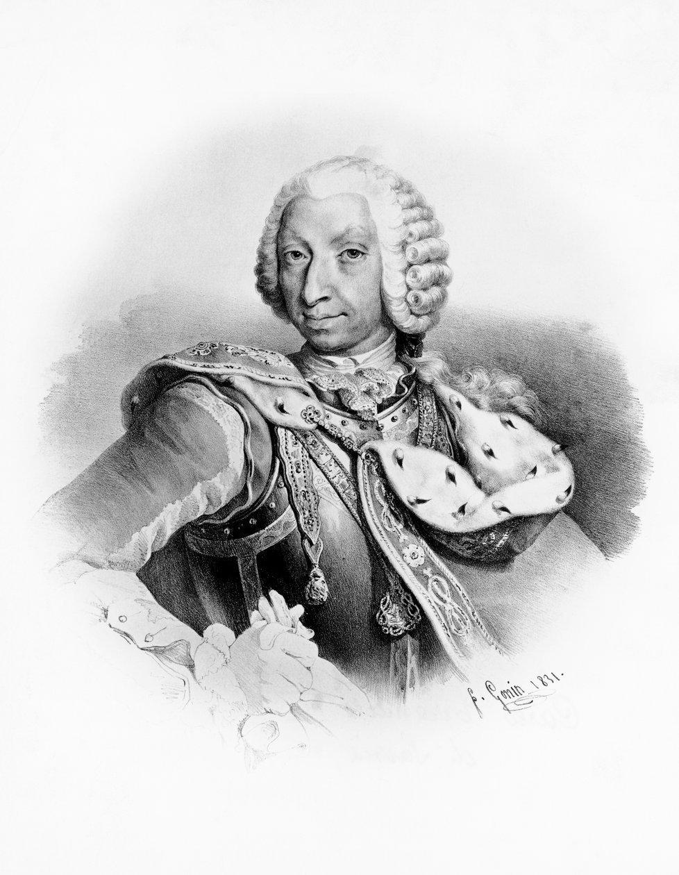 Porträtt av Karl Emmanuel III av Savojen (1701-1773), kung av Sardinien från 1730, gravyr efter teckning av Francesco Gonin (1808-1889) av Unbekannt Unbekannt
