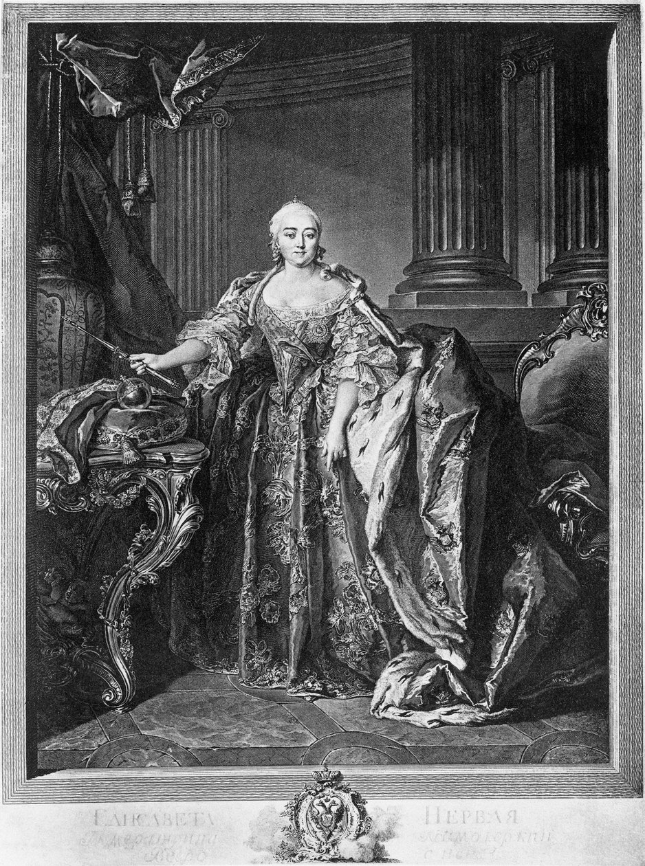 Porträtt av Elizabeth Petrovna (1709-1761), kejsarinna av Ryssland från 1741 till hennes död, gravyr av Unbekannt Unbekannt