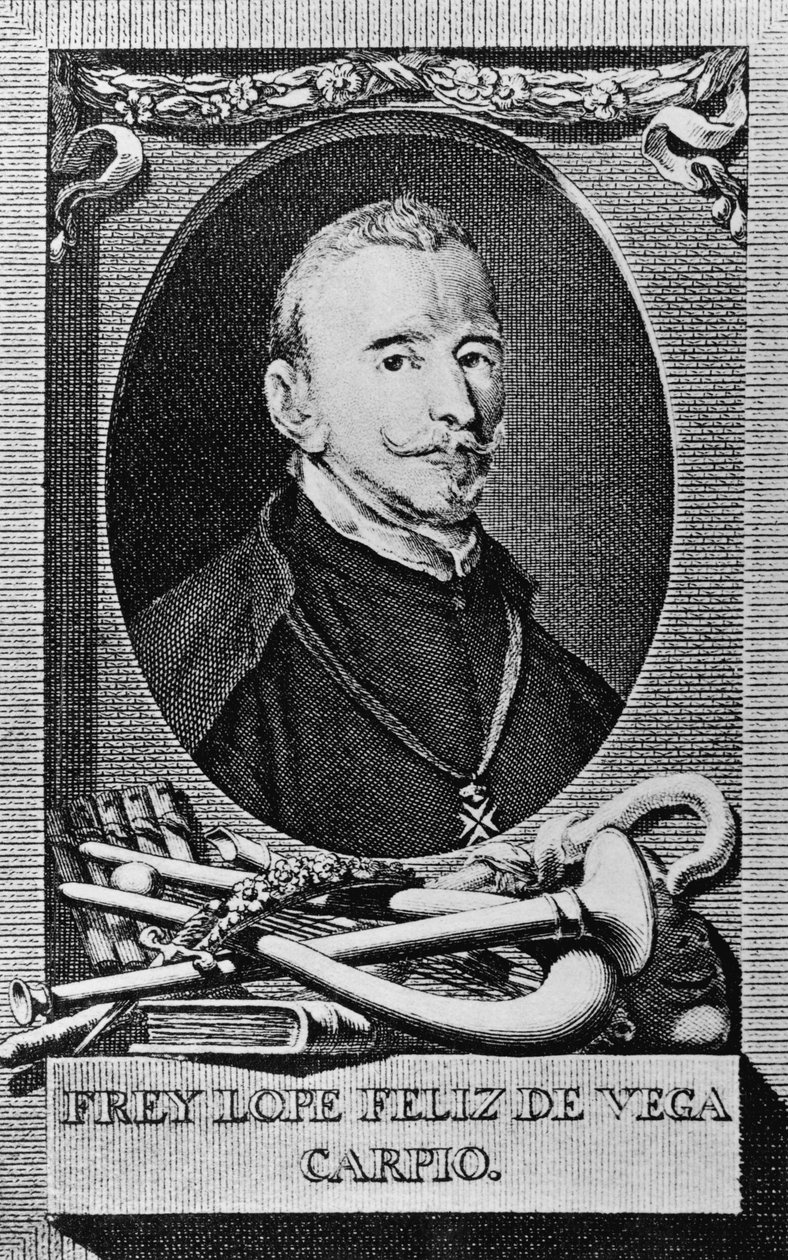 Porträtt av Felix Lope de Vega y Carpio (1562-1635), spansk romanförfattare, poet och dramatiker, gravyr av Unbekannt Unbekannt