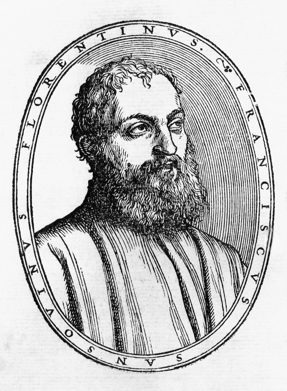 Porträtt av Francesco Tatti da Sansovino (1521-1586), italiensk bokstäverman, träsnitt från Del secretario di Francesco Sansouino libri quattro, utgiven av Francesco Rampazetto av Unbekannt Unbekannt