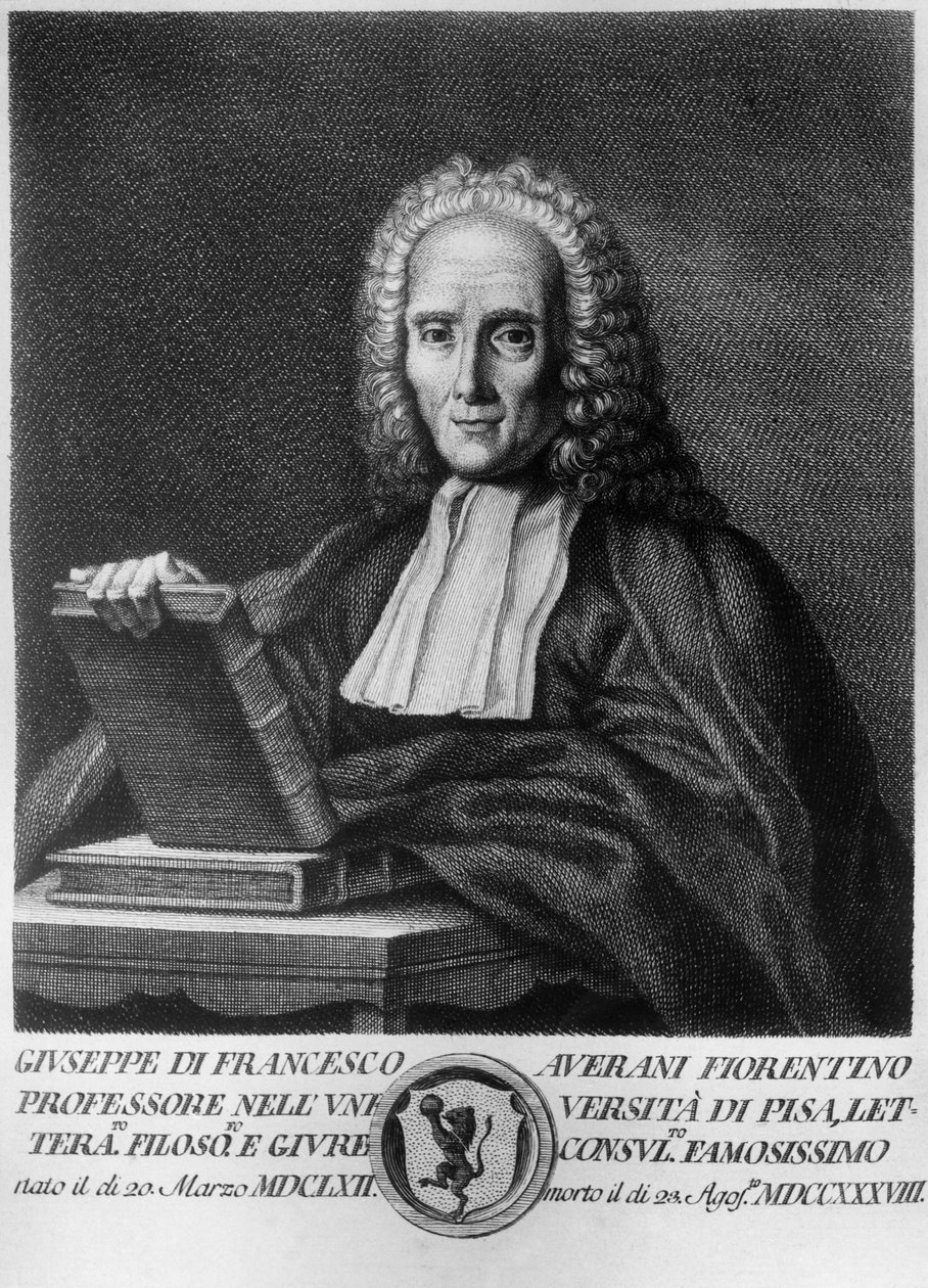 Porträtt av Giuseppe Averani, känd som Averanus (1662-1738), italiensk jurist och naturforskare, etsning från Serie av porträtt av berömda toskanska män, utgiven av Allegrini av Unbekannt Unbekannt