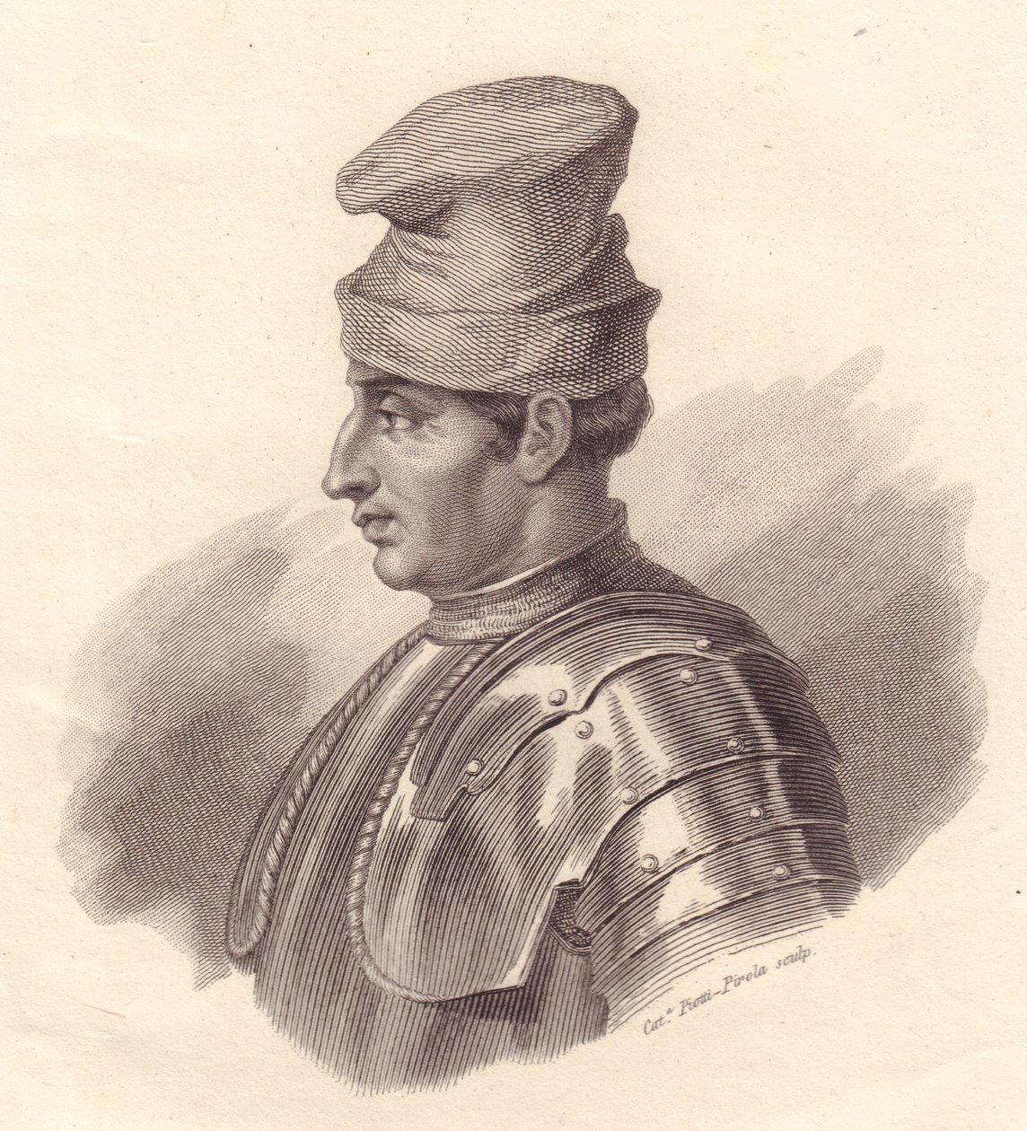 Porträtt av den italienska militärledaren Niccolo Fortebraccio även känd som della Stella (1389-1435), kopparstick av Caterina Piotti-Pirola av Unbekannt Unbekannt