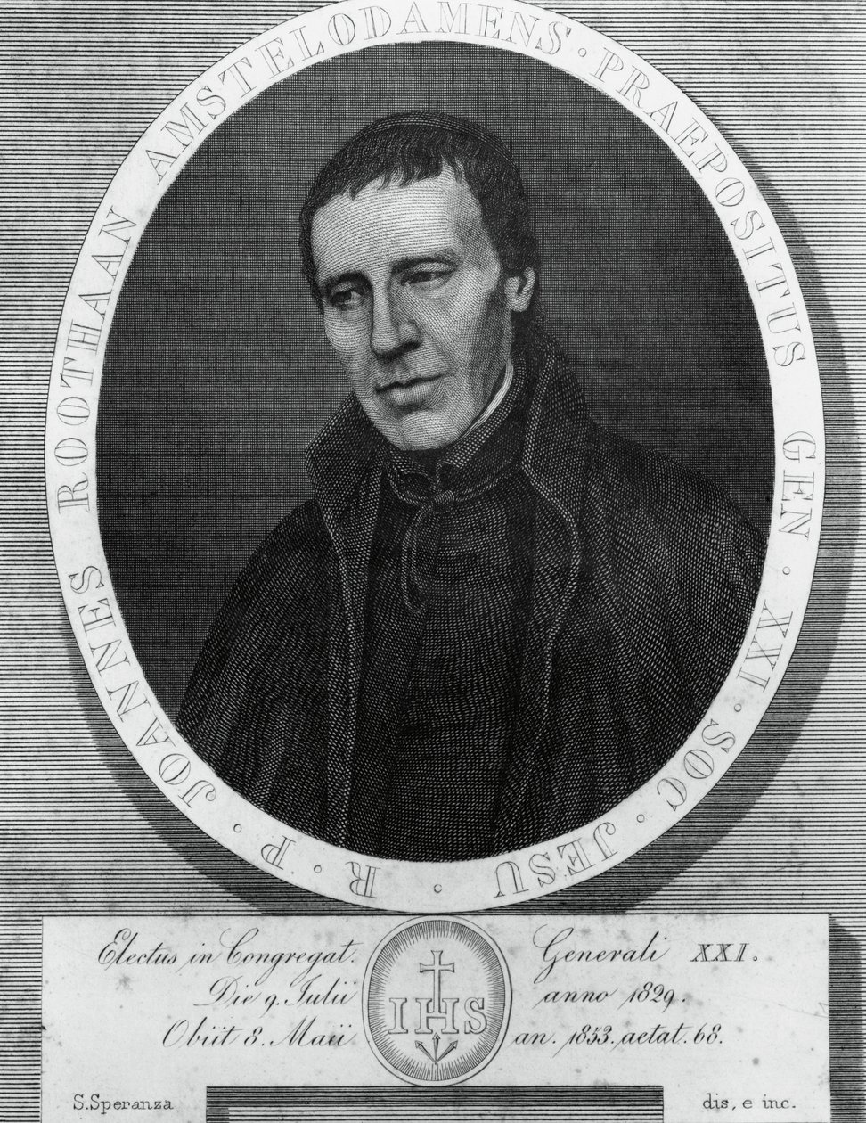 Porträtt av Jan Philipp Roothaan (1785-1853), holländsk jesuit och 21:e överordnade generalen för Society of Jesus, teckning och gravyr av Serafino Speranza (1862-1911) efter målning av Frans Quartier av Unbekannt Unbekannt