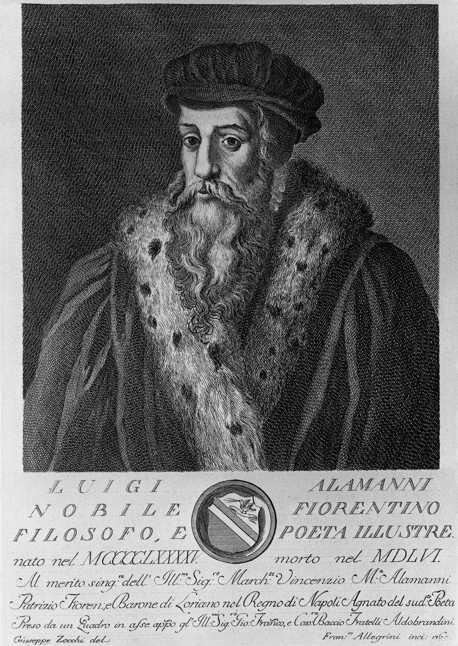Porträtt av Luigi Alamanni (1495-1556), italiensk poet, gravyr av Francesco Allegrini (1729-efter 1773) efter teckning av Giuseppe Zocchi (född 1711 eller 1717, död 1767) av Unbekannt Unbekannt
