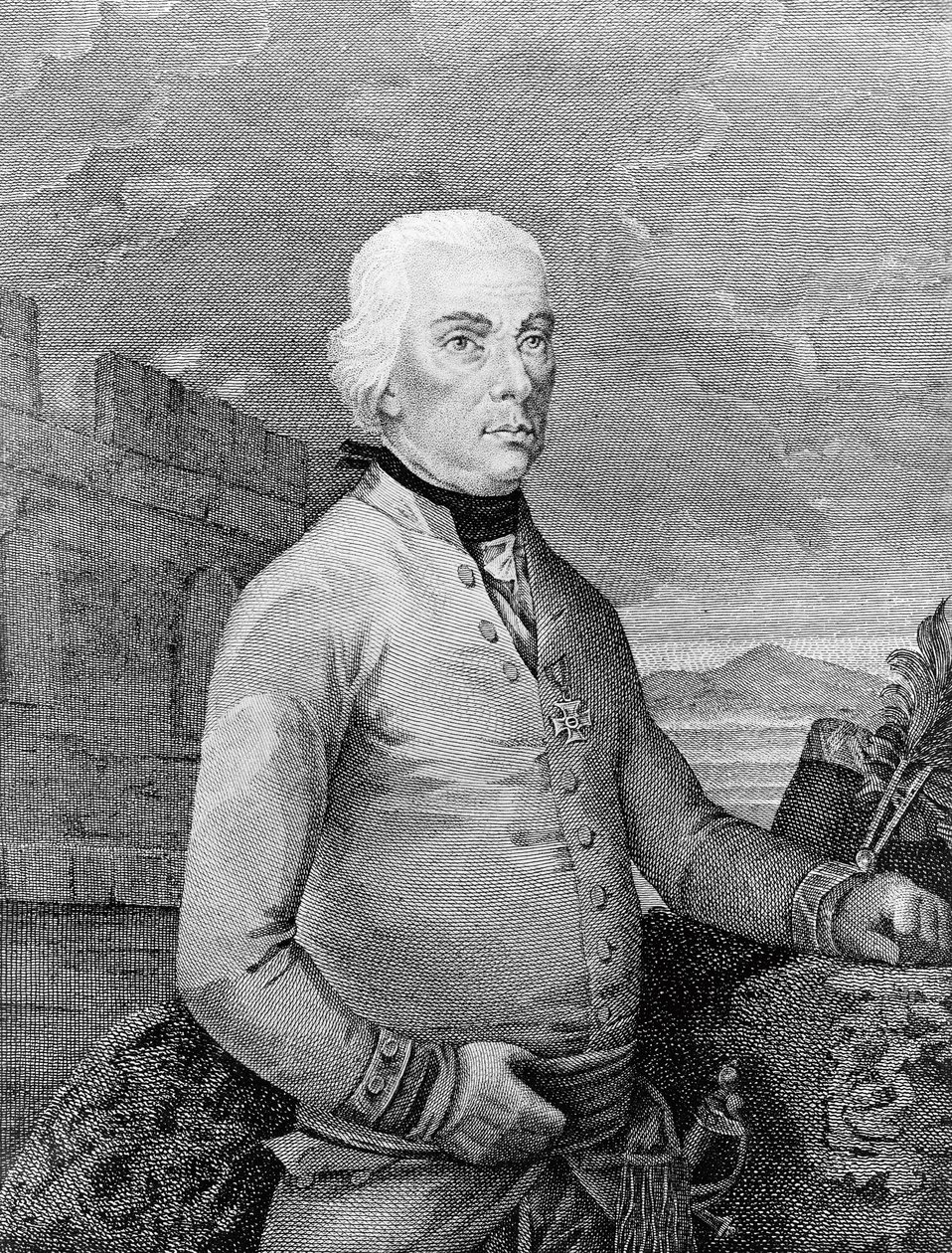 Porträtt av Michael Friedrich von Melas (1729-1806), Transsylvanienfödd fältmarskalk för det österrikiska imperiet under Napoleonkrigen, gravyr av Unbekannt Unbekannt