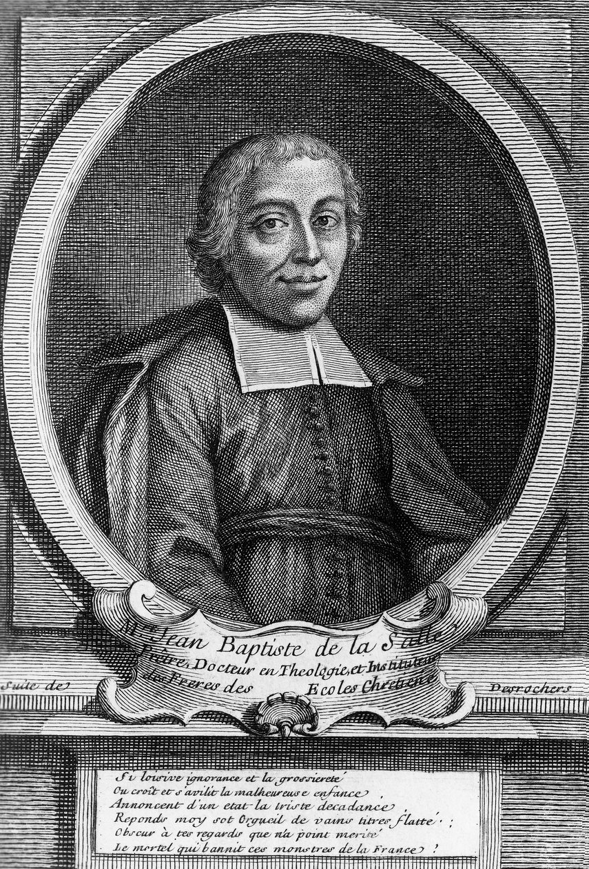 Porträtt av Saint John Baptist de La Salle (1651-1719), fransk präst, pedagogisk reformator och grundare av Institute of Brothers of Christian Schools, gravyr av Unbekannt Unbekannt