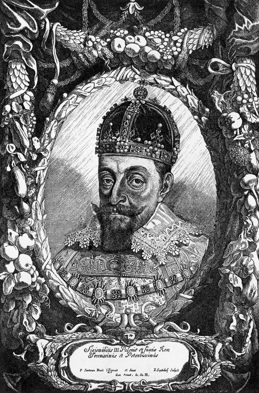 Porträtt av Sigismund III Vasa (1566-1632), kung av Polen från 1587 till 1632, kung av Sverige från 1592 till 1599, och storhertig av Litauen, gravyr av Unbekannt Unbekannt