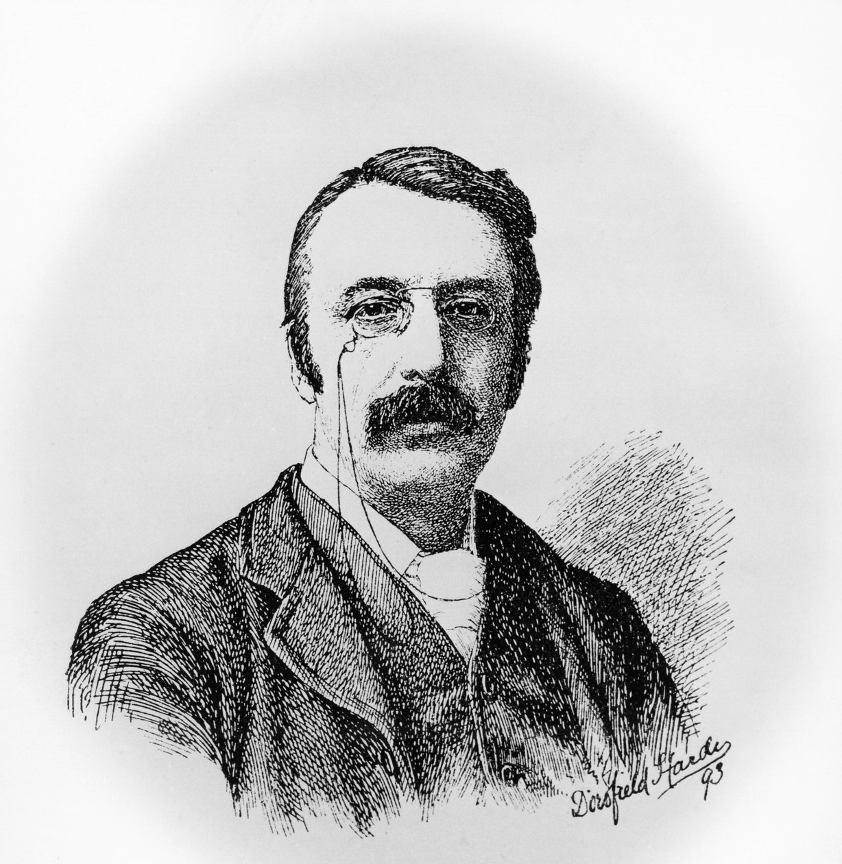 Porträtt av Sir Charles Villiers Stanford (1852-1924), irländsk kompositör och dirigent, gravyr efter teckning av Dorofield Hardy (1853-1937) av Unbekannt Unbekannt