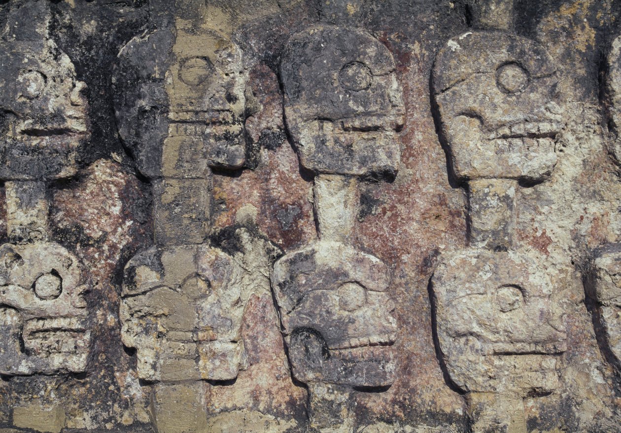 Relief föreställande mänskliga skallar, detalj av Tzompantli, eller Wall of Skulls, arkeologiska platsen Chichen Itza (UNESCOs världsarvslista av Unbekannt Unbekannt
