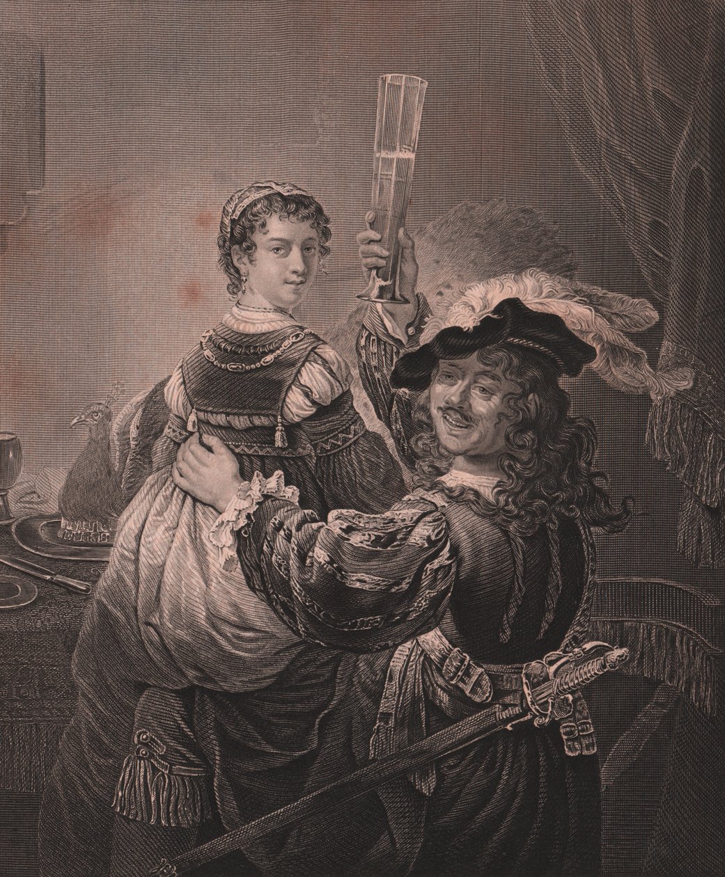 Rembrandt med sin fru Saskia, graverad H Payne från målning av Rembrandt, från Paynes Royal Dresden Gallery, av Albert Henry Payne, H Payne Dresden och Leipzig Publisher, ca 1840 av Unbekannt Unbekannt