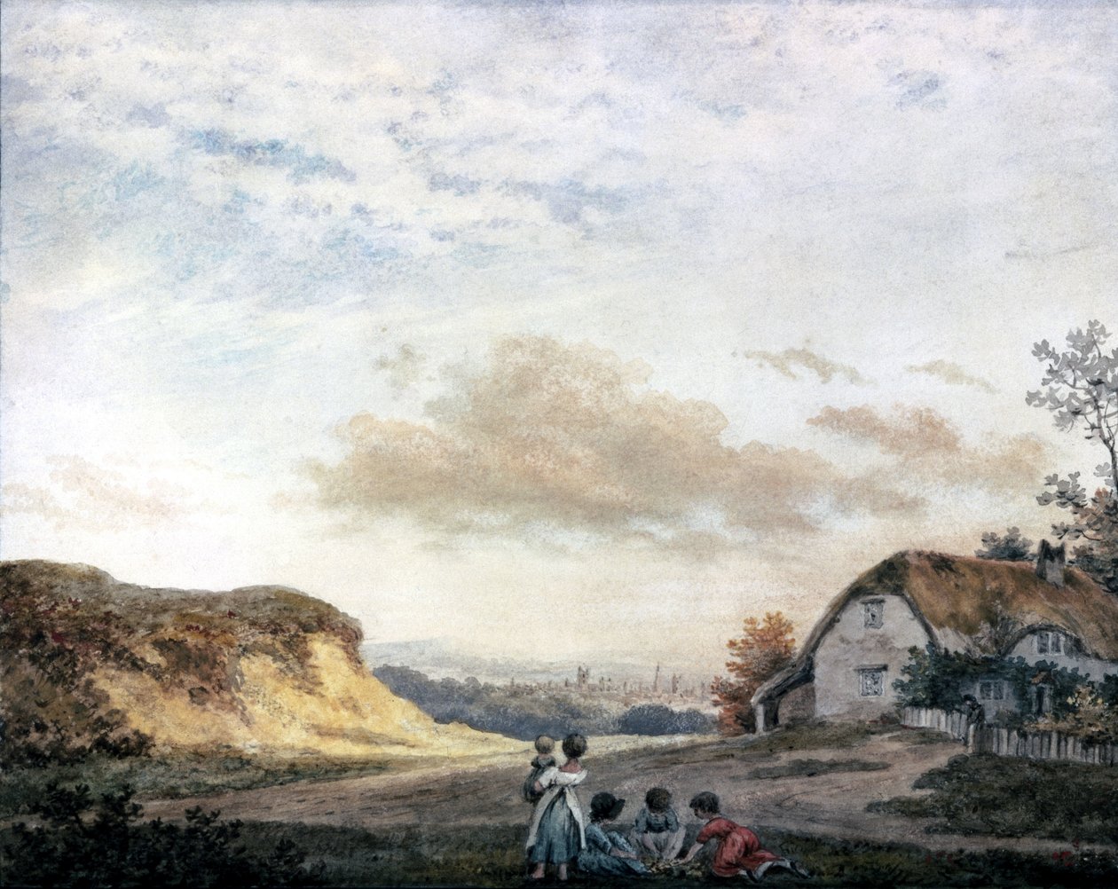 Landsbygdslandskap av Luke Howard med barn som leker vid en stuga, c 1808-1811 av Unbekannt Unbekannt