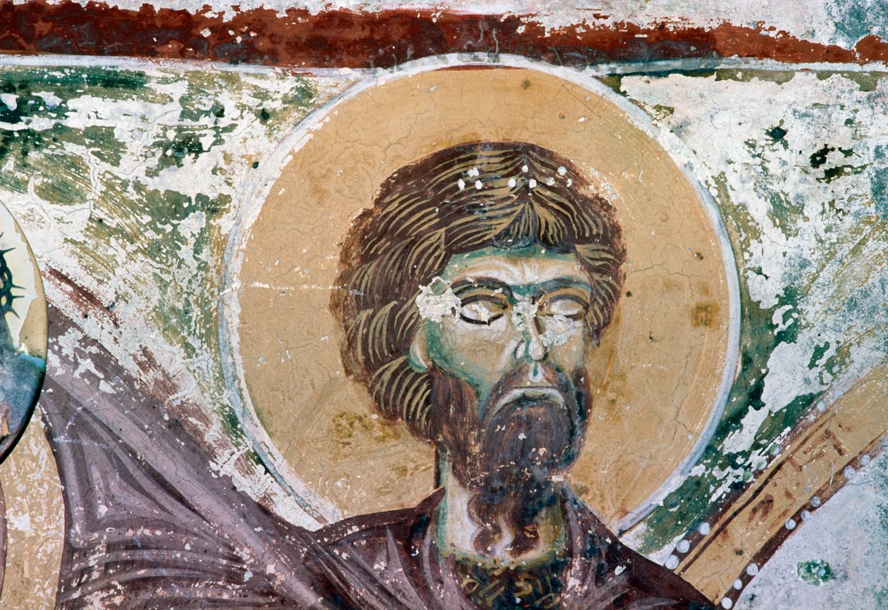 Saint, detalj från fresk i kyrkan Agios Georgios, Mourne, Kreta, Grekland (foto) av Unbekannt Unbekannt