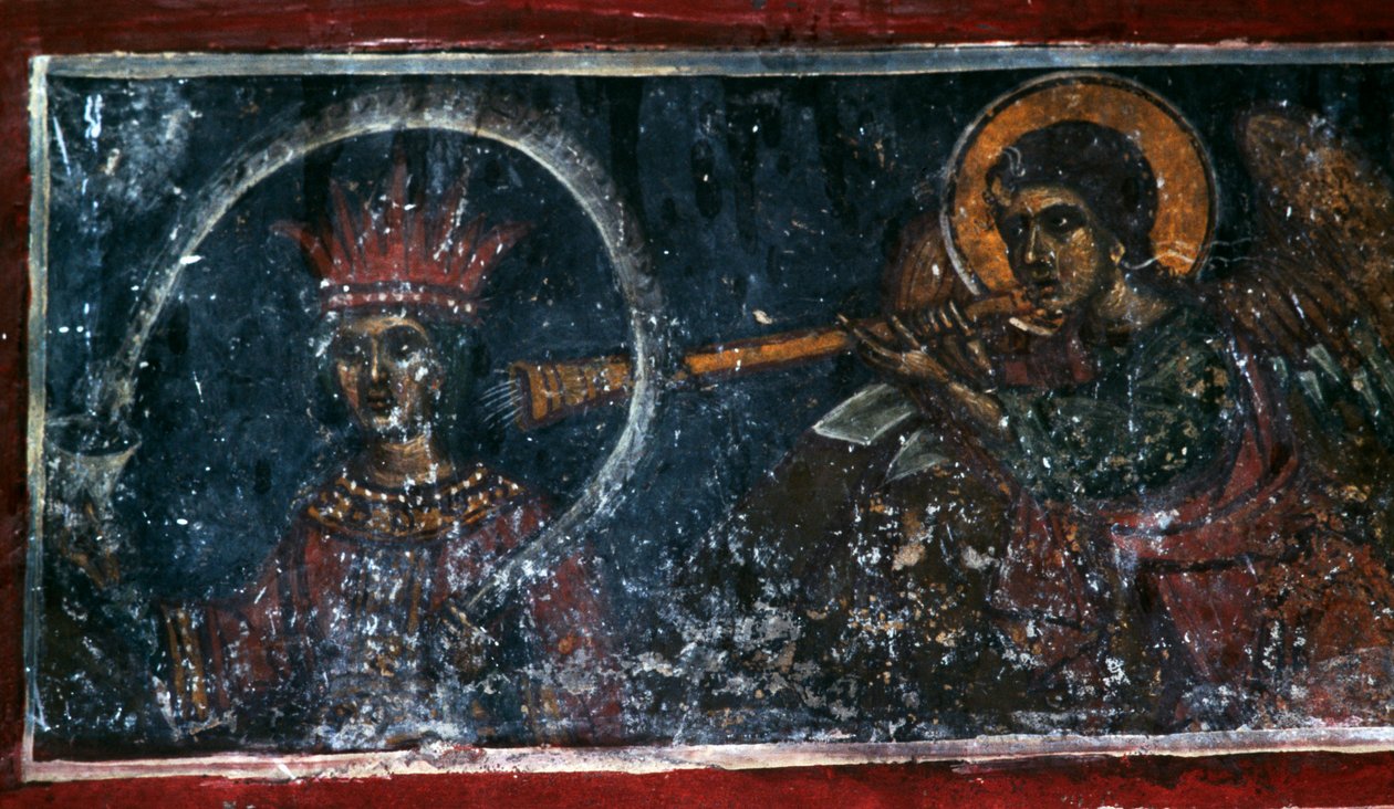Sankt som spelar horn, fresk i kyrkan Agios Ioannis Prodromos, Margarites, Kreta, Grekland (foto) av Unbekannt Unbekannt