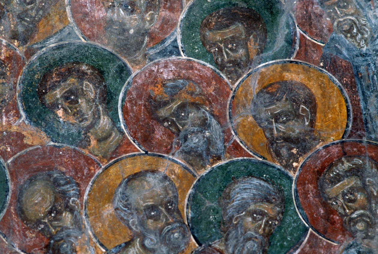 Heliga, fresk på taket av kyrkan i Agia Paraskevi, Anisaraki, Kreta, Grekland (foto) av Unbekannt Unbekannt