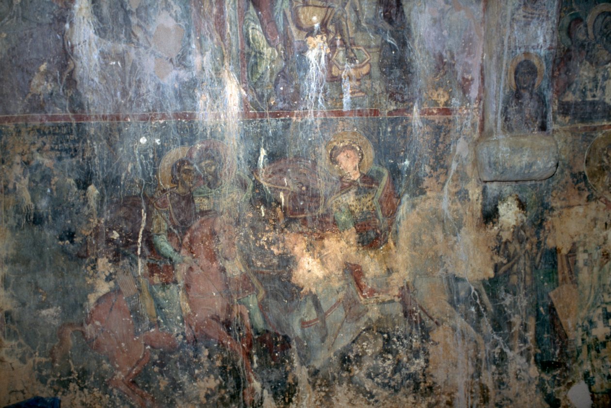 Heliga till häst, fresk i den bysantinska kyrkan Agios Athanasios, Kefali, Kreta, Grekland (foto) av Unbekannt Unbekannt