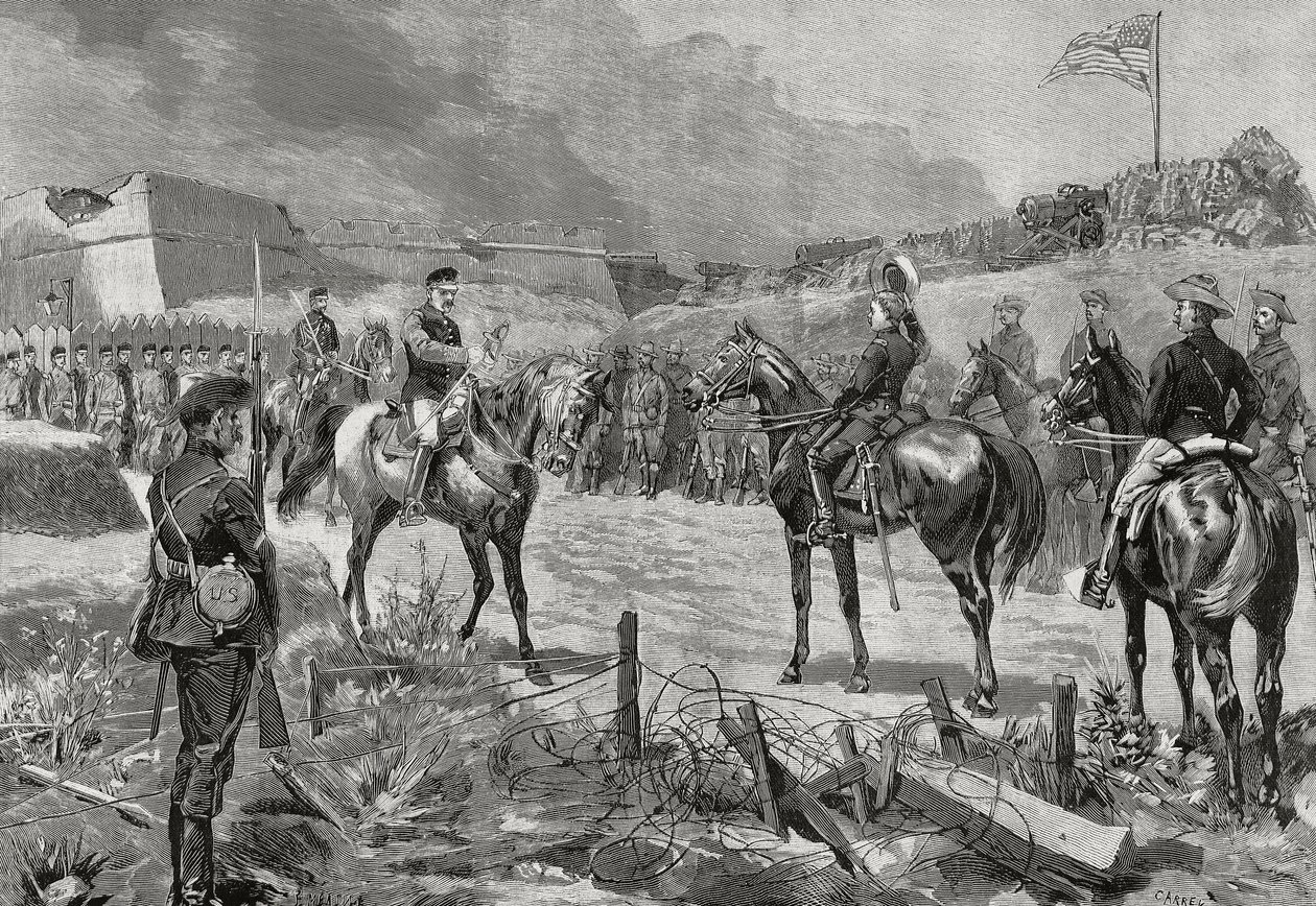 Den spanske generalen Jose Toral y Velazquez kapitulerar till amerikanska trupper, Santiago de Cuba, juli 1898, spansk-amerikanska kriget, Kuba av Unbekannt Unbekannt