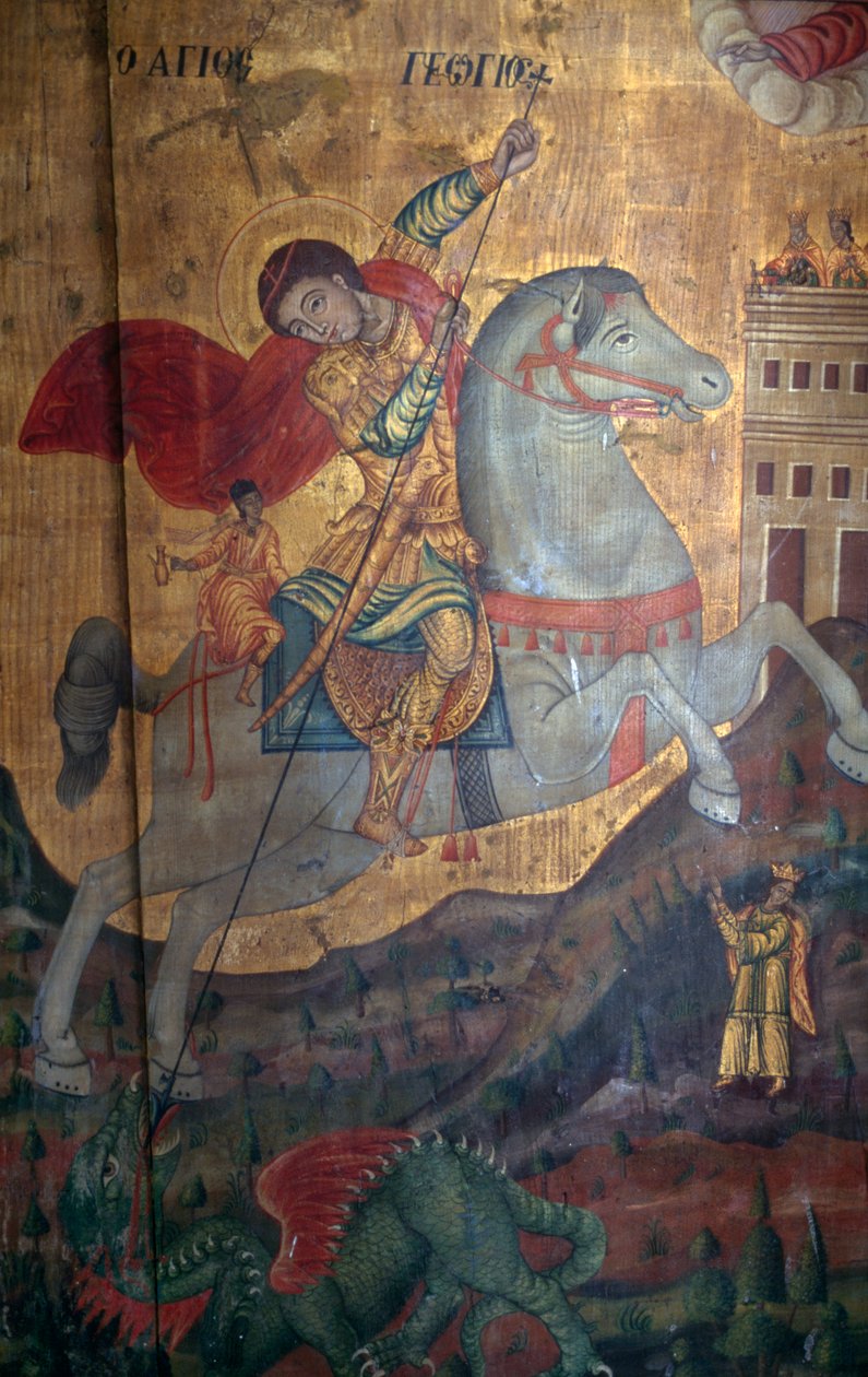 St George and Dragon, detalj av träpanel i kyrkan Agia Paraskevi, Anisaraki, Kreta, Grekland (foto) av Unbekannt Unbekannt