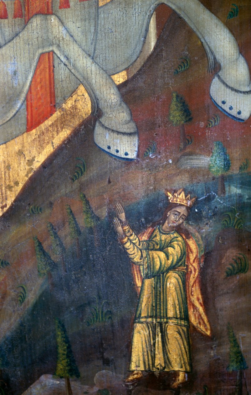 Sankt Georg och draken, detalj av träpanel i Agia Paraskevi-kyrkan, Anisaraki, Kreta, Grekland (foto) av Unbekannt Unbekannt
