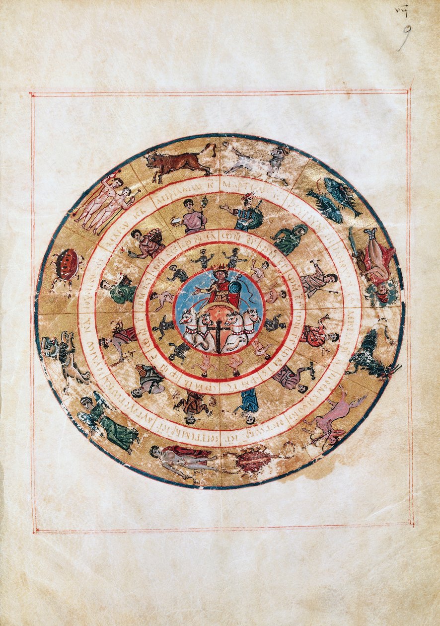 Solvagnen och zodiakens tecken, miniatyr från ett tidig medeltidsmanuskript, astronomiskt bord av Ptolemaios (ca 100-175), hellenistisk civilisation av Unbekannt Unbekannt