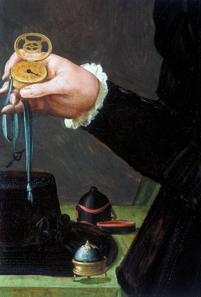 Klockor, handled, analog detalj från ett porträtt av en man som håller en klocka, c 1558 av Unbekannt Unbekannt