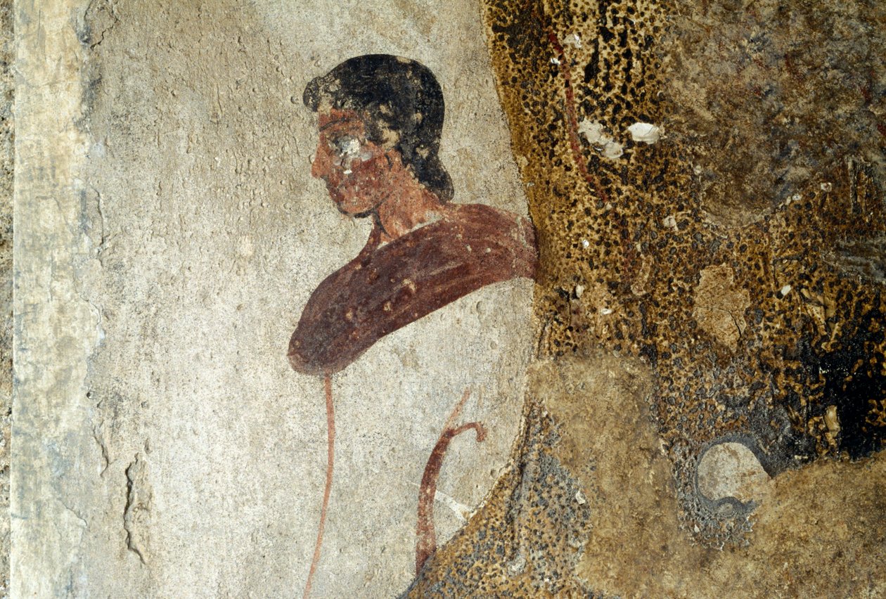 Ung man, detalj från fresk från Paestum, Kampanien, Italien, antikens grekiska civilisation, Magna Graecia (foto) av Unbekannt Unbekannt
