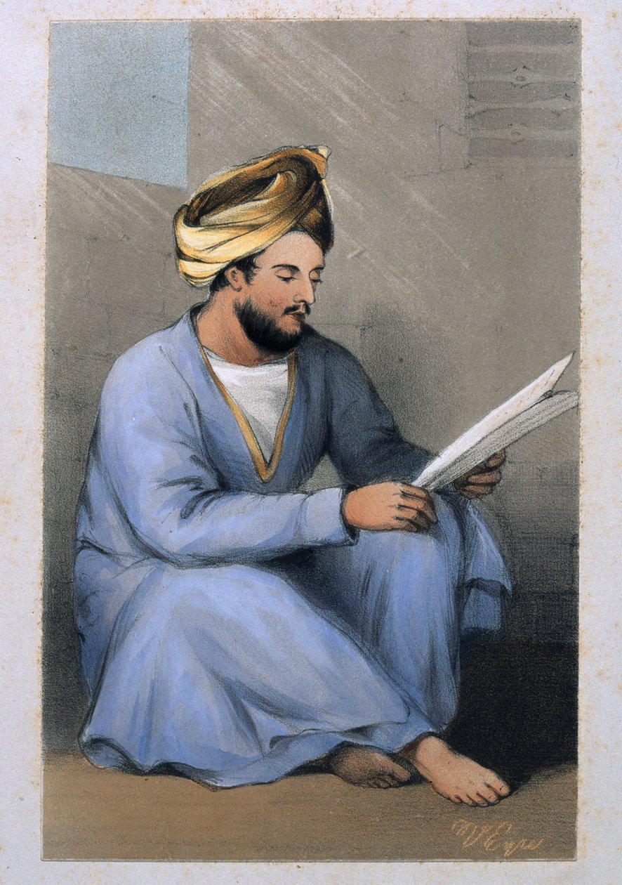 Kapten Johnstone, Shahs tjänst, sittande och läste i afghansk klänning, 1842 av Lieutenant Vincent Eyre