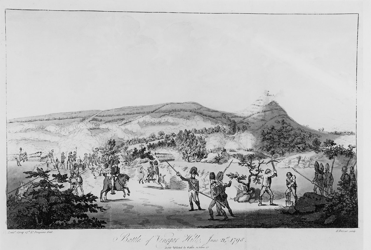 Slaget vid Vinegar Hill, 21 juni 1798, graverat av Henry Brocas (1762-1837) (se 123758 för färg) av Lieutenant Carey